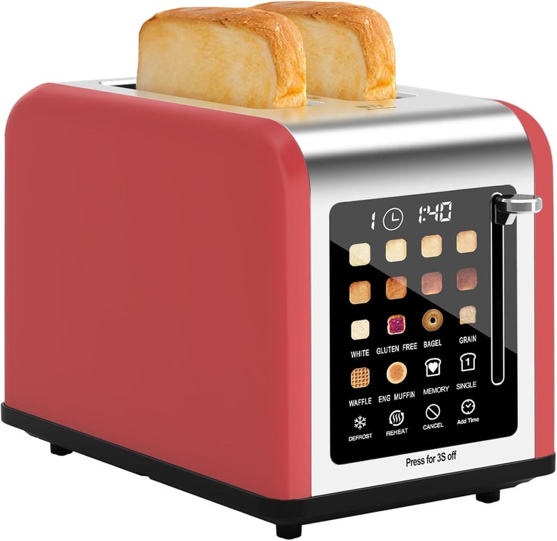 Clixane 2 Slice Toaster Touch Screen, Stainless Steel Toasters Digital Timer 2 Slot Toasters, 8 Shade Settings 6 Bread Types for Bagel, Cancel, Defrost (Red) - Image 1